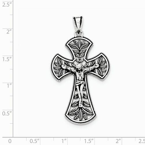 ANTIQUED LEAF CROSS INRI CRUCIFIX Charm Pendant REAL SOLID .925 STERLING SILVER