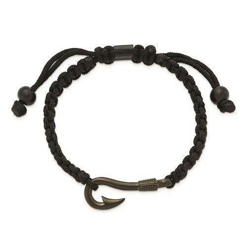 Stainless Steel Gunmetal IP-Plated Fishing Hook Black Nylon Adjustable Bracelet