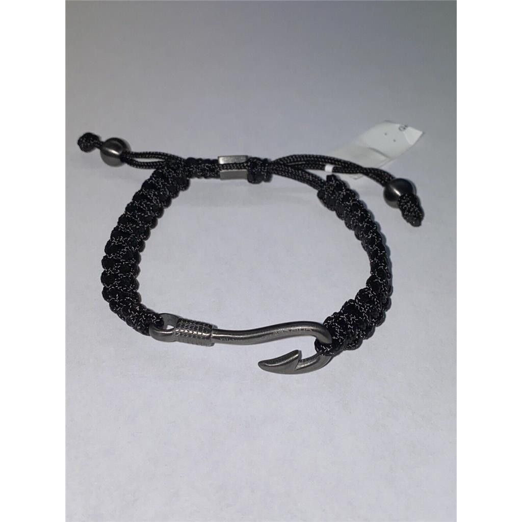 Stainless Steel Gunmetal IP-Plated Fishing Hook Black Nylon Adjustable Bracelet