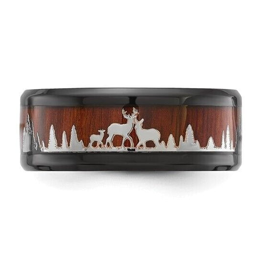 Chisel Stainless Steel Polished Black IP-plated Wood Inlay Deer 9mm Band Size 11