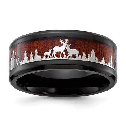Chisel Stainless Steel Polished Black IP-plated Wood Inlay Deer 9mm Band Size 11