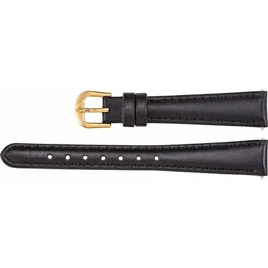 Black Leather 13mm Watch Band Silver & Yellow Gold Buckle Regular Length