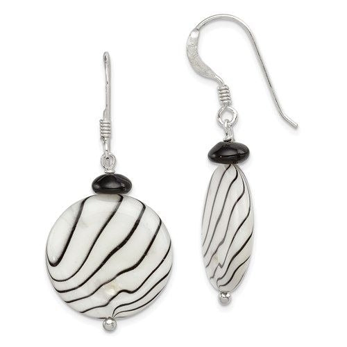Sterling Silver Black Agate & Zebra Mother Of Pearl Dangle Earrings