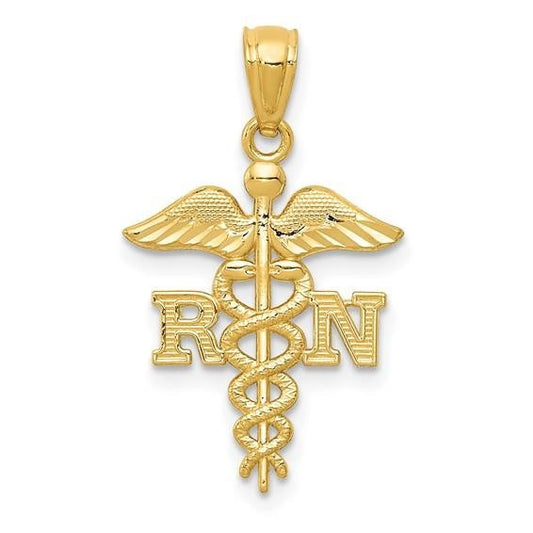 14K Yellow Gold Diamond-cut Polished RN Nurse Pendant