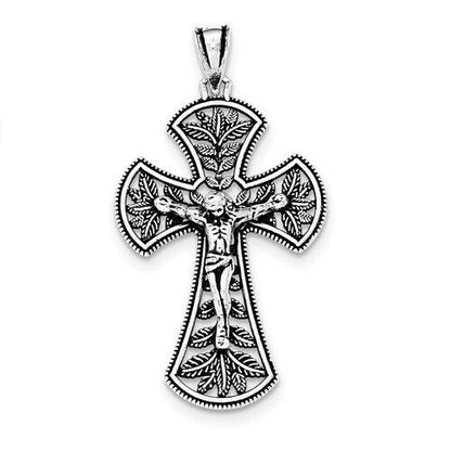 Antiqued Leaf Cross INRI Crucifix Pendant Sterling Silver 4.36g