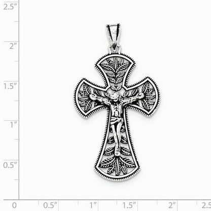 Antiqued Leaf Cross INRI Crucifix Pendant Sterling Silver 4.36g