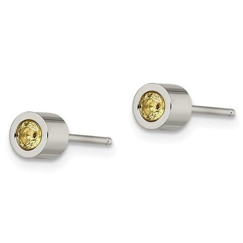 Chisel Yellow CZ November Birthstone Post Earrings Stainless Steel Polished