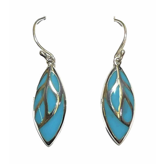 Sterling Silver Leaf-Shaped Dangle Earrings With Turquoise Enamel Inlay