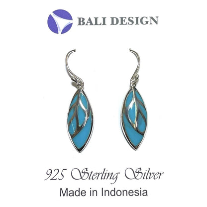 Sterling Silver Leaf-Shaped Dangle Earrings With Turquoise Enamel Inlay