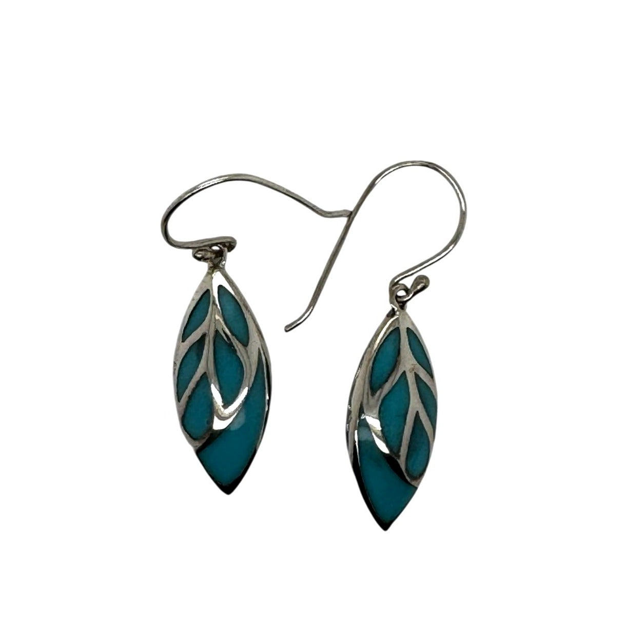 Sterling Silver Leaf-Shaped Dangle Earrings With Turquoise Enamel Inlay