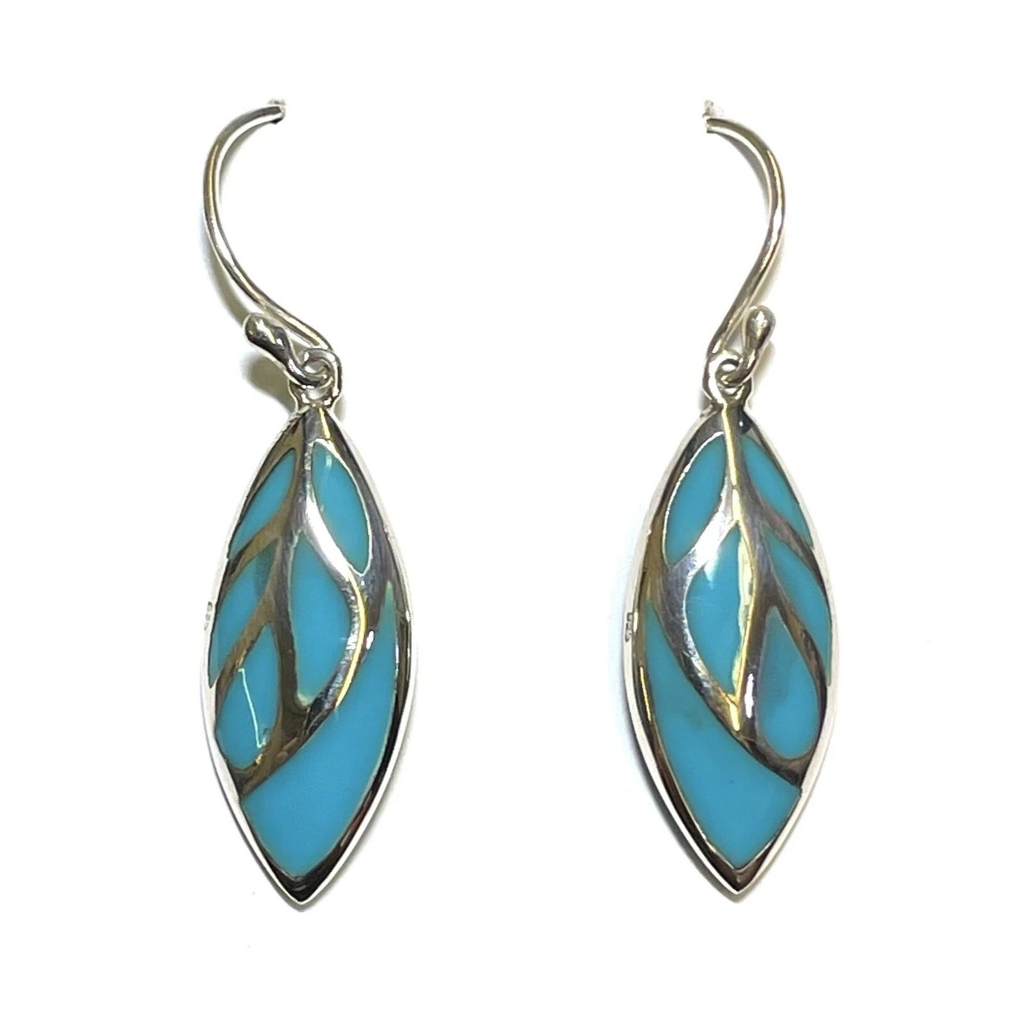 Sterling Silver Leaf-Shaped Dangle Earrings With Turquoise Enamel Inlay