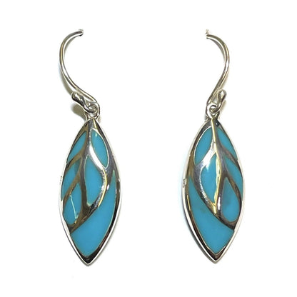 Sterling Silver Leaf-Shaped Dangle Earrings With Turquoise Enamel Inlay