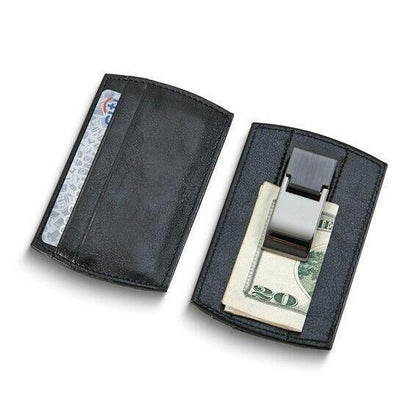 Black Faux Leather Card Case With Metal Money Clip