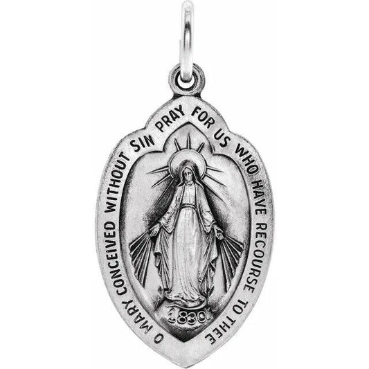 Oval Miraculous Medal Virgin Mary 14K White Gold Religious Pendant