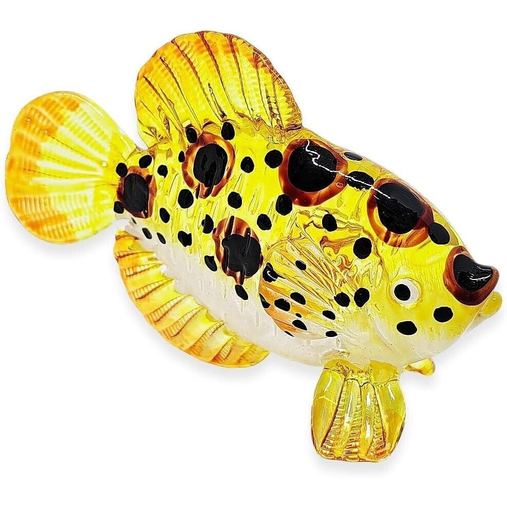 Hand Blown Glass Panther Grouper Figurine 3" Long Yellow With Black Dots