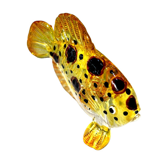 Hand Blown Glass Panther Grouper Figurine 3" Long Yellow With Black Dots