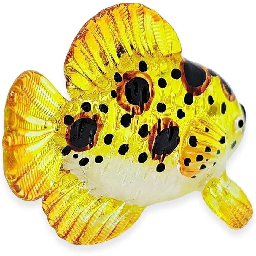 Hand Blown Glass Panther Grouper Figurine 3" Long Yellow With Black Dots