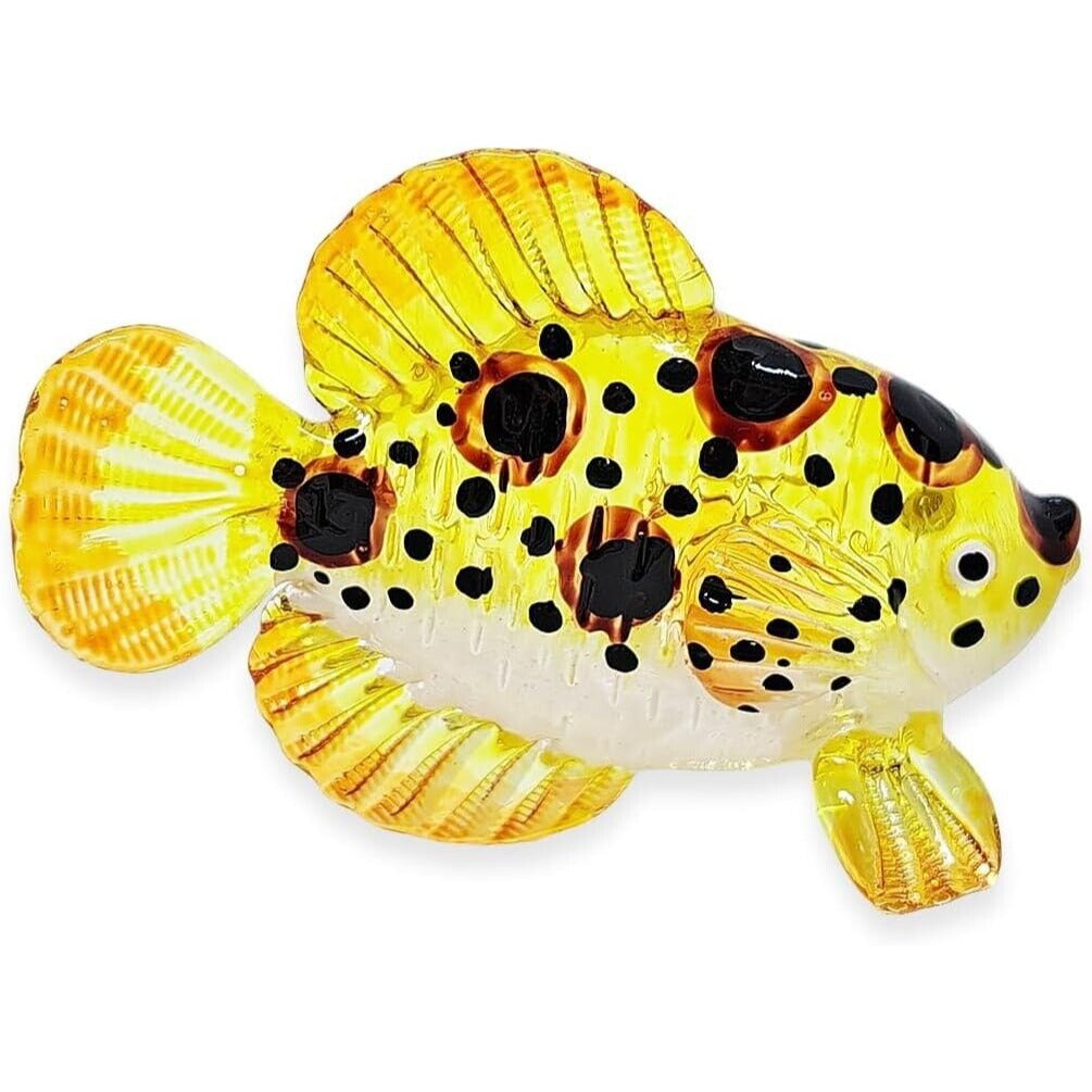 Hand Blown Glass Panther Grouper Figurine 3" Long Yellow With Black Dots