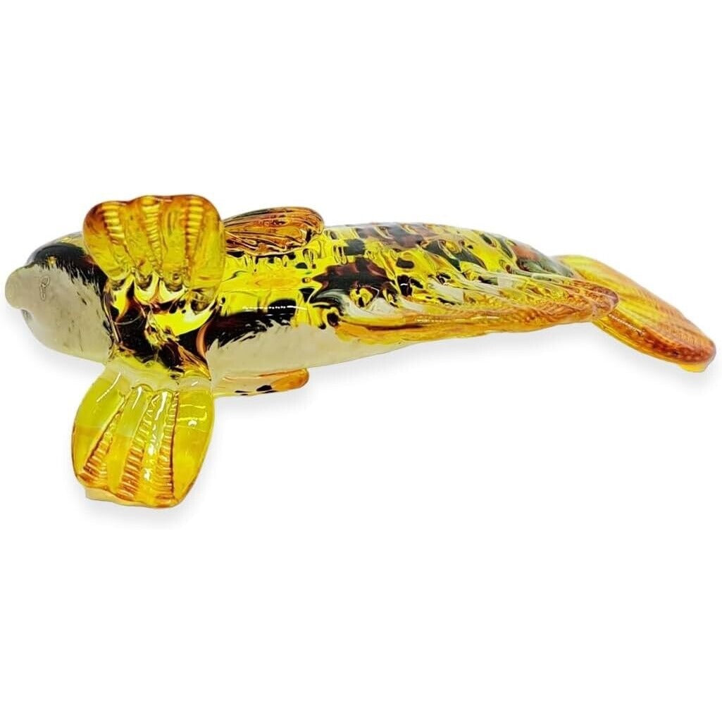 Hand Blown Glass Panther Grouper Figurine 3" Long Yellow With Black Dots