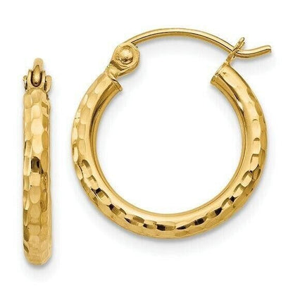 14K Yellow Gold Diamond-Cut Hoop Earrings 2mm Round