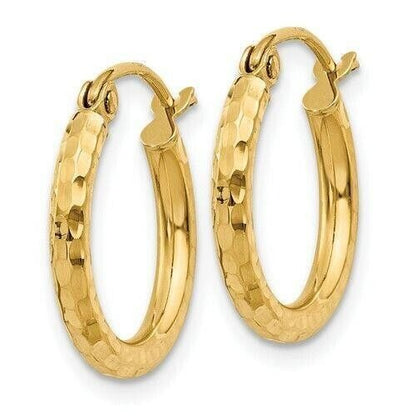 14K Yellow Gold Diamond-Cut Hoop Earrings 2mm Round