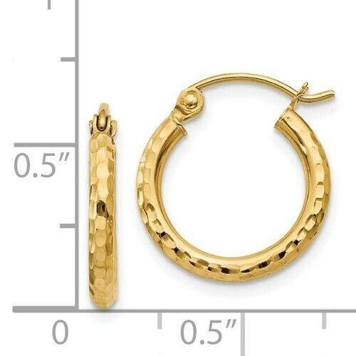 14K Yellow Gold Diamond-Cut Hoop Earrings 2mm Round