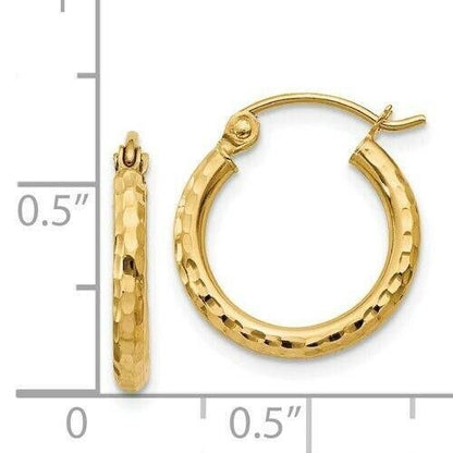 14K Yellow Gold Diamond-Cut Hoop Earrings 2mm Round
