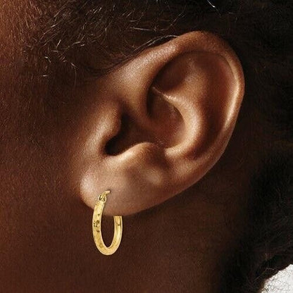 14K Yellow Gold Diamond-Cut Hoop Earrings 2mm Round