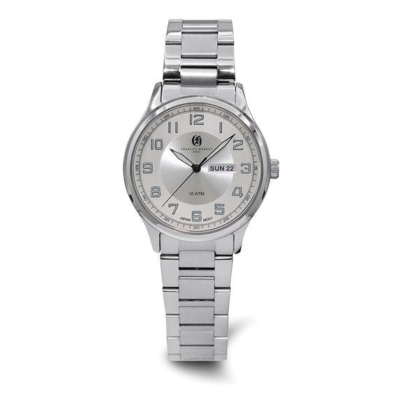 Charles Hubert  Mens Stainless Steel Analog Watch With Date Display & Silver Dial