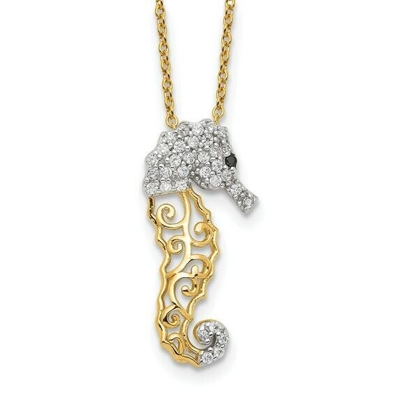 Sterling Silver Gold Plated Filigree Cubic Zirconia Sea Horse Necklace