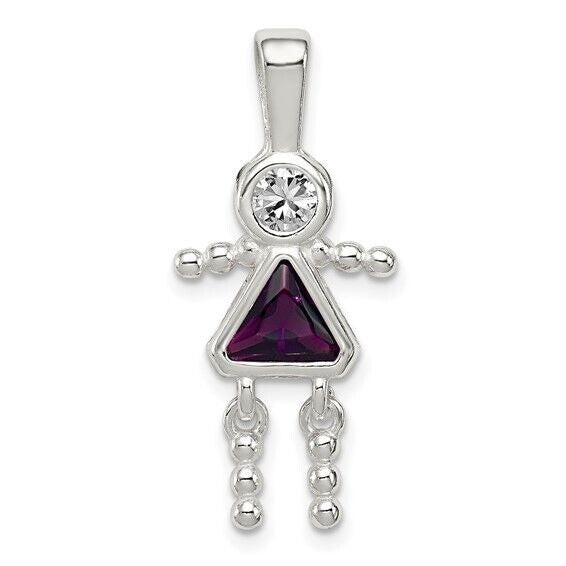 Sterling Silver Rhodium CZ and Birthstone Purple February Glass Girl Pendant