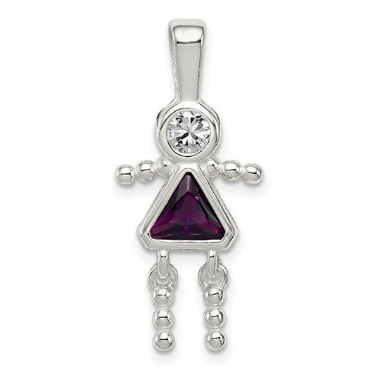 Sterling Silver Rhodium CZ and Birthstone Purple February Glass Girl Pendant