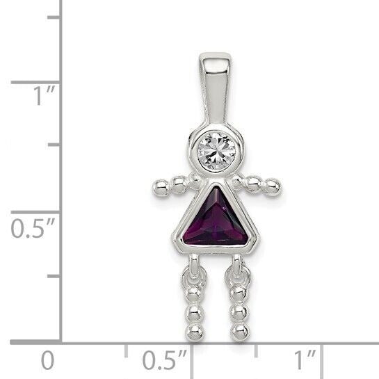 Sterling Silver Rhodium CZ and Birthstone Purple February Glass Girl Pendant