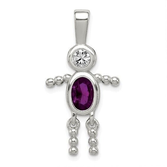 Sterling Silver Rhodium CZ and Birthstone Purple February Glass Boy Pendant