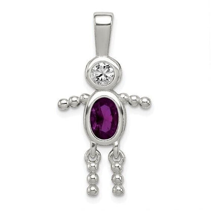 Sterling Silver Rhodium CZ and Birthstone Purple February Glass Boy Pendant
