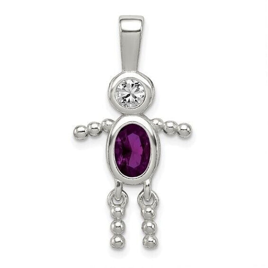 Sterling Silver Rhodium CZ and Birthstone Purple February Glass Boy Pendant