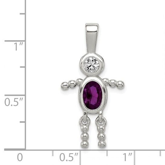 Sterling Silver Rhodium CZ and Birthstone Purple February Glass Boy Pendant