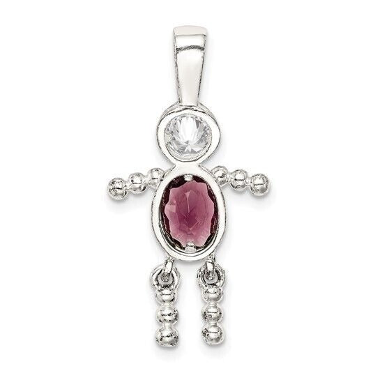 Sterling Silver Rhodium CZ and Birthstone Purple February Glass Boy Pendant