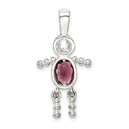 Sterling Silver Rhodium CZ and Birthstone Purple February Glass Boy Pendant