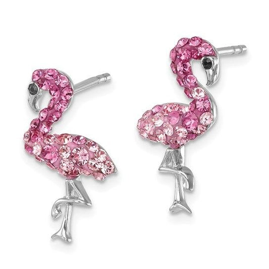 Pink Crystal Flamingo Stud Earrings Sterling Silver Rhodium Plated 925