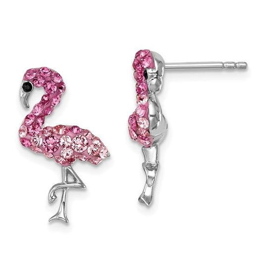 Pink Crystal Flamingo Stud Earrings Sterling Silver Rhodium Plated 925