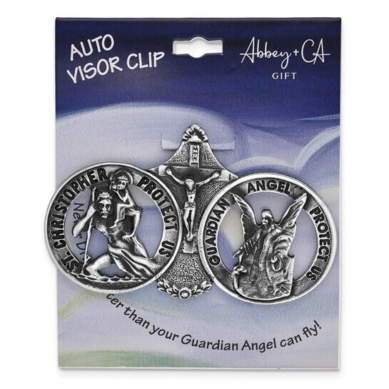Silver-tone St. Christopher and Guardian Angel Visor Clip