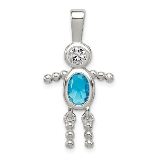 Sterling Silver Rhodium-plated CZ and Birthstone Blue December Glass Boy Pendant