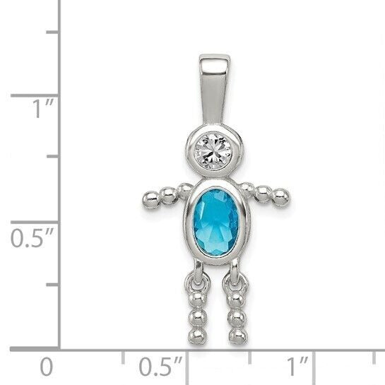 Sterling Silver Rhodium-plated CZ and Birthstone Blue December Glass Boy Pendant