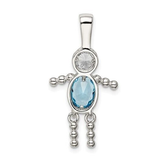 Sterling Silver Rhodium-plated CZ and Birthstone Blue December Glass Boy Pendant