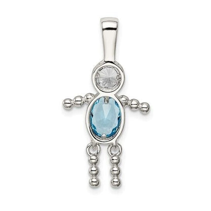 Sterling Silver Rhodium-plated CZ and Birthstone Blue December Glass Boy Pendant