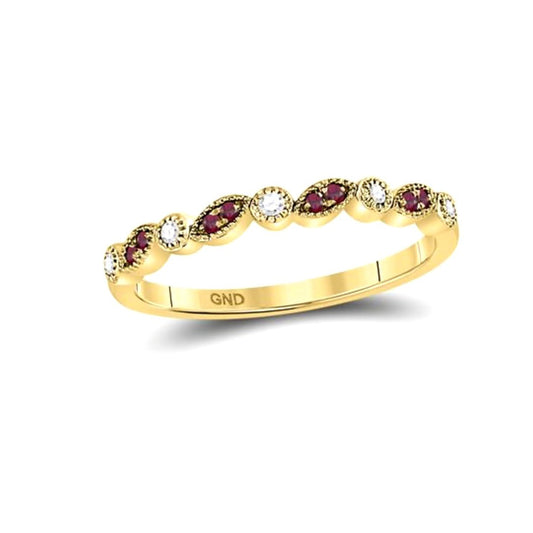 10K Yellow Gold 1/8ctw Red Ruby Diamond Stackable Band Ring Size 7