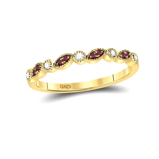 10K Yellow Gold 1/8ctw Red Ruby Diamond Stackable Band Ring Size 7