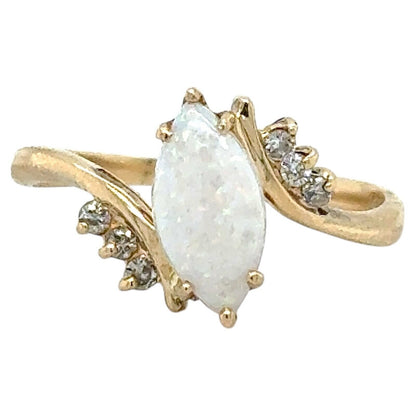 14K Yellow Gold Marquise Opal Ring With Diamond Accents Size 10.5 3.5g