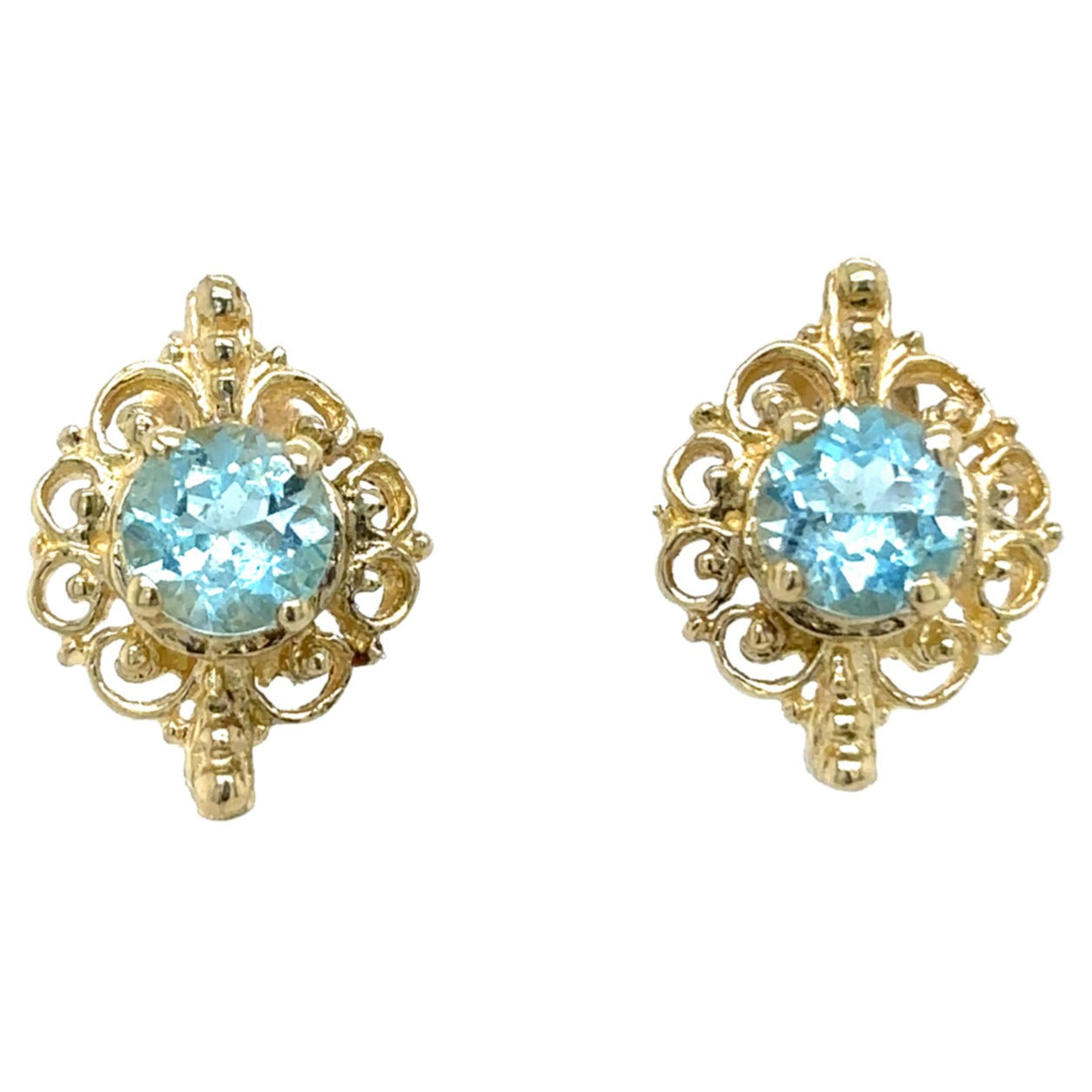 14k Yellow Gold Blue Topaz Solitaire Earrings 2.2g